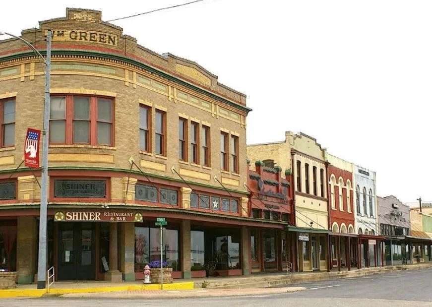 Historic storefronts in downtown Shiner, Texas